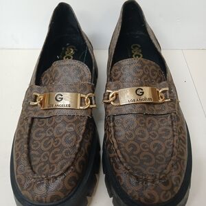 G by Guess Brown Monogram Slip-On Loafers with Gold Plate